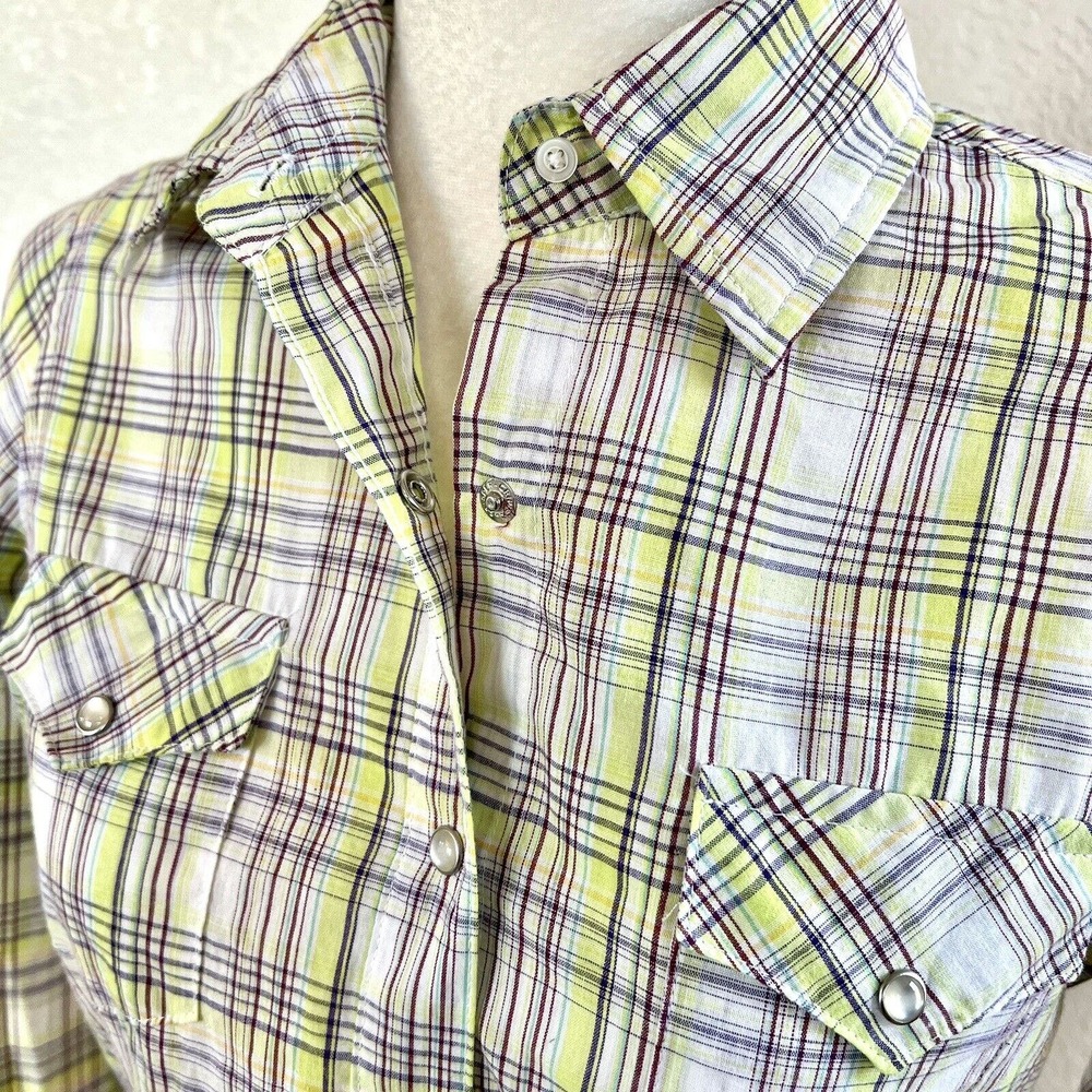 Wrangler Western Wrancher Women Small Pearl Snap Shirt Green Plaid Long Sleeve - Picture 8 of 11